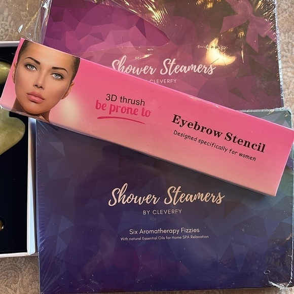 Brand New Spa Bundle Shower Steamers Foot Peel Masks Jade Roller Eyebrow Stencil - Picture 4 of 13